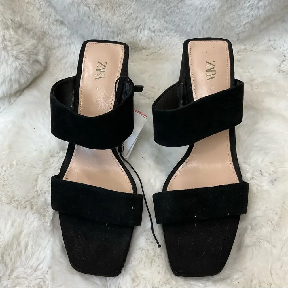 NEW ZARA black suede leather double straps square tie slip on sandals 10